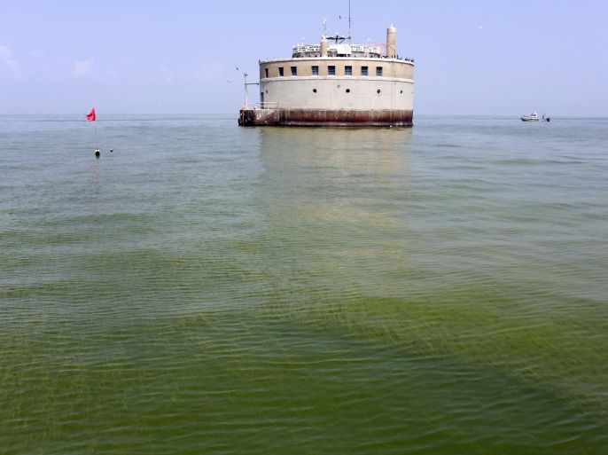 FILE - In this Aug. 3, 2014 file photo, the City of Toledo water intake crib is surrounded by algae in Lake Erie, about 2.5 miles off the shore of Curtice, Ohio. Ohio's latest and wide-ranging response to the toxic algae in Lake Erie that last year contaminated one of the state's largest drinking water systems will put a stop to practices that environmentalists have complained about for years. Now the big question is will it make a big difference. That answer won't come for at least several years. (AP Photo/Haraz N. Ghanbari, File)