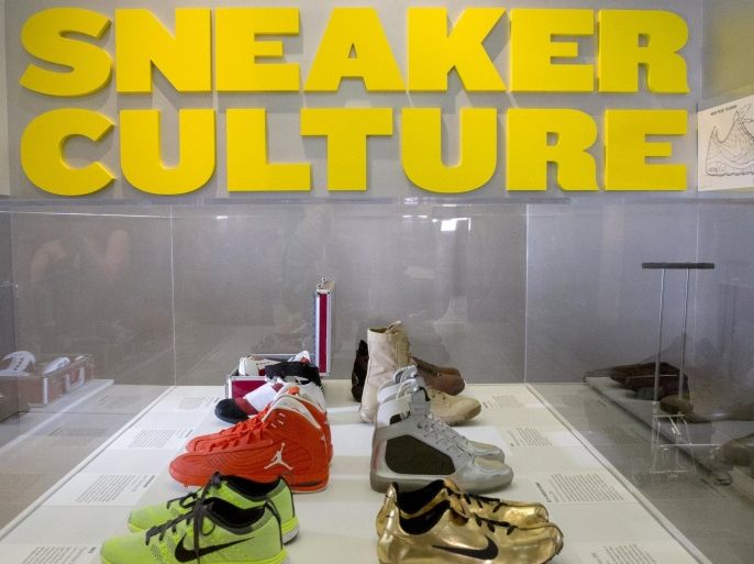Famous sneakers are displayed during a preview for "The Rise of the Sneaker Culture" exhibit at the Brooklyn Museum in the Brooklyn borough of New York, July 8, 2015. REUTERS/Brendan McDermid