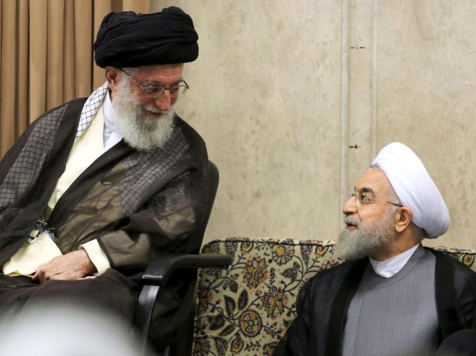 A handout picture made available on 24 June 2015 by the Supreme leader official website shows Iranian Supreme Leader Ayatollah Ali Khamenei (L) speaking with Iranian President Hassan Rowhani (R) during a meeting with Iranian government in Tehran, Iran, 23 June 2015. Khamenei offered his support to the Iranian team currently hammering out a nuclear deal with the West amid a domestic political power struggle about the issue. In his comments, Khamenei also rejected "unusual" inspections of military facilities on Iranian soil by the International Atomic Energy Agency (IAEA), which the West is demanding as part of a deal to be concluded this weekend in Vienna. EPA/SUPREME LEADER OFFICIAL WEBSITE / HANDOUT