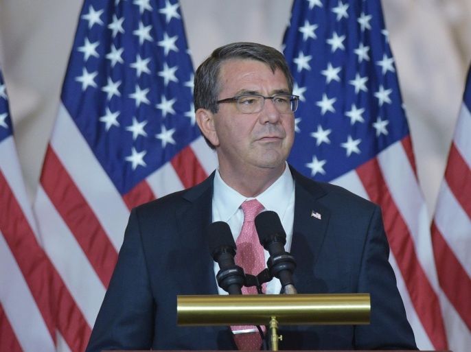 Defense Secretary Ashton Carter looks on while speaking during a Congressional ceremony to mark the 50th anniversary of Vietnam War in the Emancipation Hall of the US Capitol in Washington, DC on July 8, 2015. AFP PHOTO/MANDEL NGAN