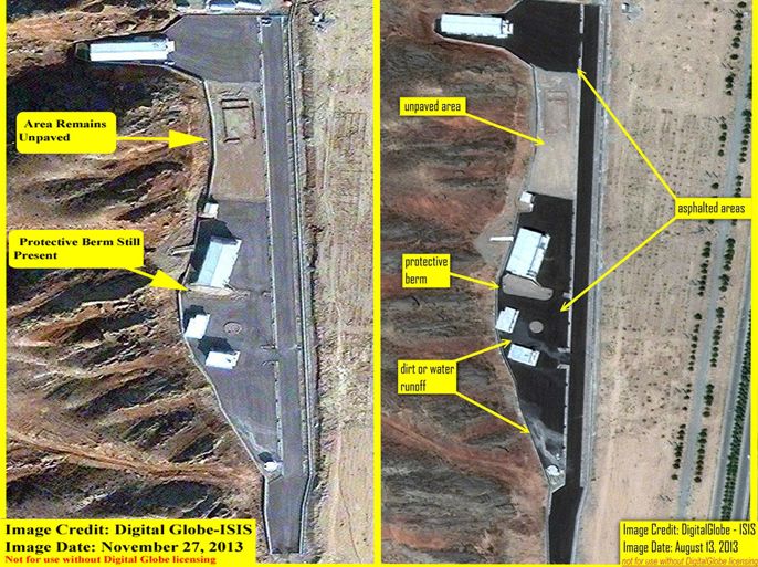 PARCHIN MILITARY COMPLEX, IRAN - AUGUST AND NOVEMBER 2013: ISIS analysis of DigitalGlobe Imagery shows the status of the alleged high explosive test site at the Parchin Military Complex in Iran in August and November 2013. (Photo DigitalGlobe/ISIS via Getty Images).