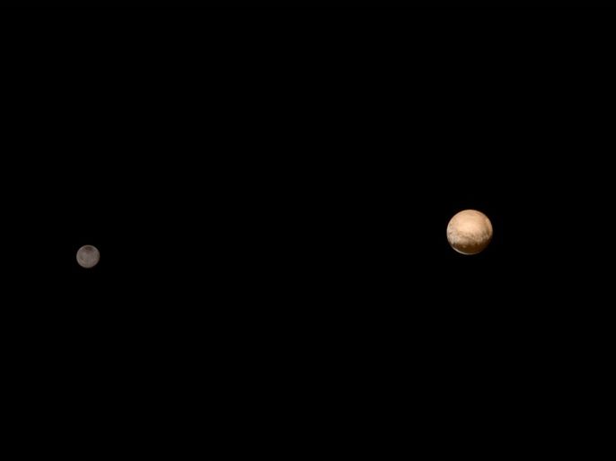 Pluto (R) and its moon Charon are pictured from about 6 million kilometers in this July 8, 2015 NASA handout photo from the New Horizons� Long Range Reconnaissance Imager (LORRI). New Horizons is expected to come as close as 12,500 km from Pluto at 7:49 a.m. EDT/1149 GMT on July 14, 2015. REUTERS/NASA-JHUAPL-SWRI/Handout via Reuters THIS IMAGE HAS BEEN SUPPLIED BY A THIRD PARTY. IT IS DISTRIBUTED, EXACTLY AS RECEIVED BY REUTERS, AS A SERVICE TO CLIENTS. FOR EDITORIAL USE ONLY. NOT FOR SALE FOR MARKETING OR ADVERTISING CAMPAIGNS