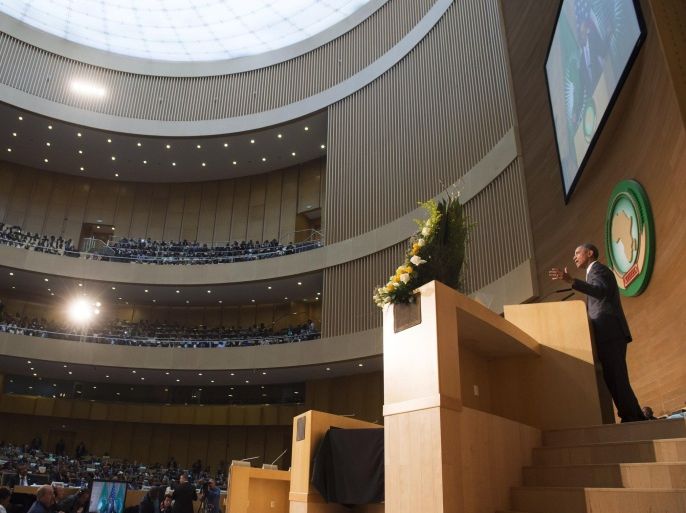 US President Barack Obama delivers a speech at the African Union Headquarters in Addis Ababa on July 28, 2015. US President Barack Obama said today that it was time for the world to change its approach to Africa, as he made the first address to the African Union by a US leader. AFP PHOTO / SAUL LOEB