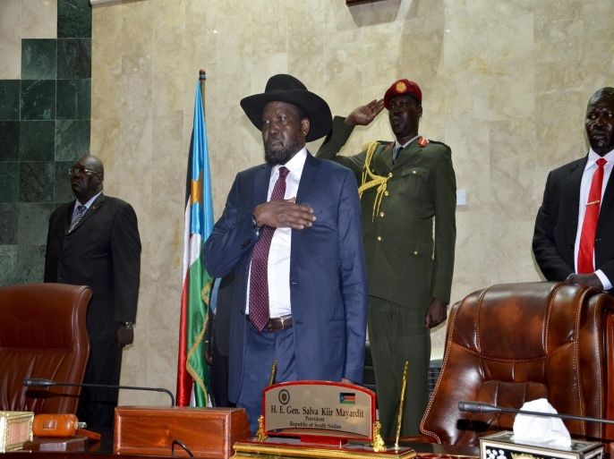 ADDIS ABABA, SOUTH SUDAN - JULY 08: South Sudan's President Salva Kiir Mayardit (C) attends during a session held for 4th anniversary of South Sudan's independence, at parliament in Addis Ababa, South Sudan on July 08, 2015.