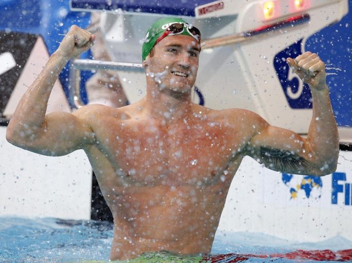 Cameron Van Der Burgh of South Africa celebrates smashing his own world record in the 50m breastroke heats during the FINA Swimming World Championships at Kazan arena in Kazan, Russian Federation, 4 August 2015.