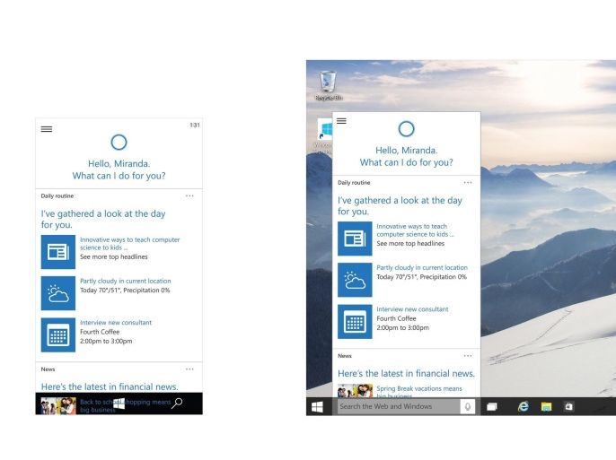 Handout image released by Microsoft showing screenshots of Windows 10 on a PC (R) and phones/tablets (L) featuring Microsoft's new personal digital assistant 'Cortana' which is a first for Windows during a press conference in Redmond, Washington, USA, 21 January 2015. Windows 10 will be offered as a free and perpetual upgrade within a year from Windows 7, 8.1 and Phone 8.1, a next-generation browser code-named 'Project Spartan', universal office and other apps and an Xbox app bringing gaming on Xbox Live to PCs. EPA/MICROSOFT / HANDOUT
