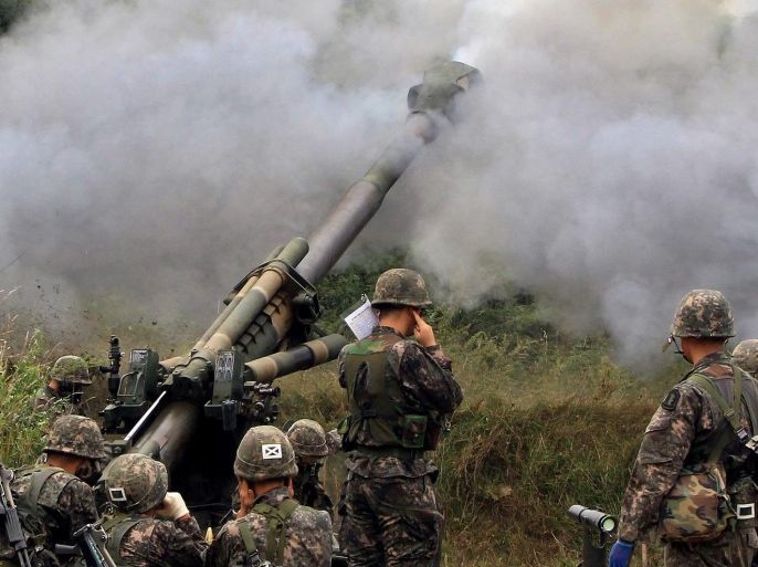 (FILE) An undated file photograph shows South Korean soldiers engaging in a drill to fire 155-millimeter shells. The South Korean military's radar system detected North Korea firing a shell at a South Korean front-line military unit in Yeoncheon, Gyeonggi Province, northwest of Seoul, South Koprea, 20 August 2015, the Ministry of National Defense said. In response, South Korea fired back dozens of 155mm shells at the point where the North Korean shell was fired from. EPA/STRINGER SOUTH KOREA OUT