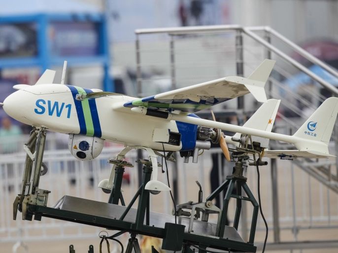 ZHUHAI, CHINA - NOVEMBER 10: Chinese drone aircrafts is displayed at the Airshow China 2014 in Zhuhai, Guangdong province, November 10, 2014. Airshow China is the only international aerospace trade show in China that is endorsed by the Chinese central government since 1996. It features the display of real-size products, trade talks, technological exchange and flying display.