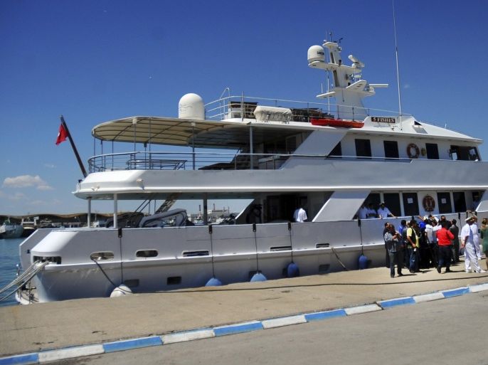 The 5 Fishes, a 32-meter yacht that belonged to Belhassen Trabelsi, the brother-in-law of former Tunisian President Zine El Abidine Ben Ali, is anchored in Goulette harbor, outside Tunis, Friday May 24, 2013. The boat was shown to media after being returned to Tunisia by the government of Spain, where it was seized in February. It is valued at $5 million.