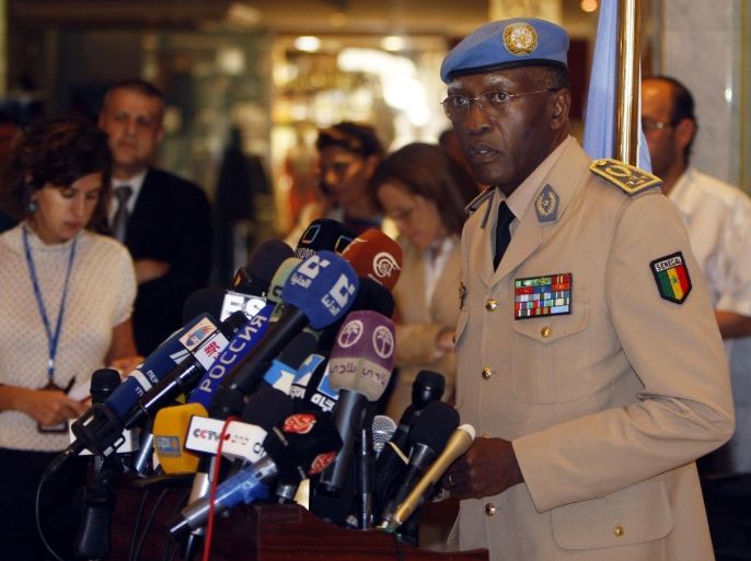 FILE - In an Aug. 2012 file photo, General Babacar Gaye, head of the United Nations Supervision Mission in Syria (UNSMIS), gives a news conference in Damascus, Syria. Gaye, the head of the U.N. peacekeeping mission in the Central African Republic, resigned Wednesday, Aug. 12, 2015, at the request of U.N. Secretary-General Ban Ki-moon, over the force's handling of a series of sexual and other misconduct allegations. Ban Ki-moon has called a special session of the U.N. Security Council for Thursday over the issue of sexual abuse allegations that has rocked the world body. (AP Photo/Salman Muzaffar, File)