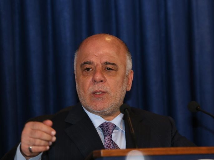 ERBIL, IRAQ - APRIL 6: Iraqi Prime Minister Haidar al-Abadi speaks during a joint press conference with Kurdistan Regional Government President Masoud Barzani (not seen) after their meeting at Prime Minister's Office in Erbil, on April 6, 2015.