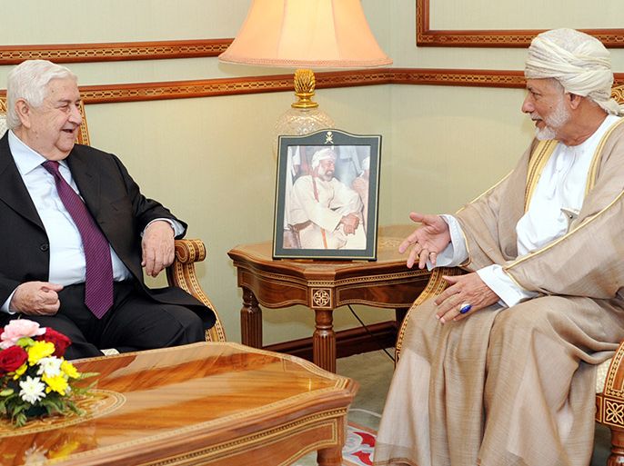 epa04874214 Omani Minister Responsible for Foreign Affairs, Yusuf bin Alawi Abdullah (R) meets with Syrian Foreign Minister, Walid al-Moallem (L) in Muscat, Oman, 06 August 2015. According to reports, al-Moallem arrived in Oman on 06 August from Iran, where representatives of Syria, Iran and Russia were reportedly working on a new plan for a diplomatic solution to the conflict in Syria. EPA/HAMID AL-QASMI