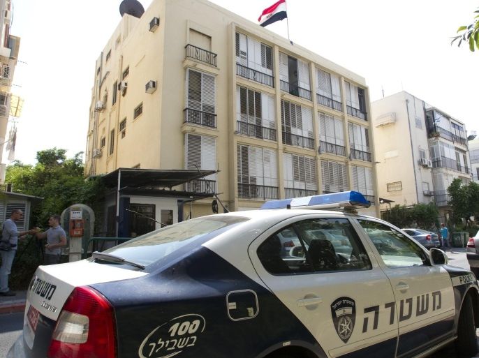 A Israeli police car is park in front of the Egyptian Embassy in the city of Tel Aviv on September 11, 2011, two days after Egyptian demonstrators went on the rampage in Cairo, breaking into the Israeli embassy and forcing the personnel to be evacuated. The trouble followed several weeks of protests outside the Israeli embassy in Cairo after 5 Egyptian border police were shot dead last month by the Israeli military during a search operation for militants who shot at an Israeli bus in Israel, close to their common border, killing eight people.