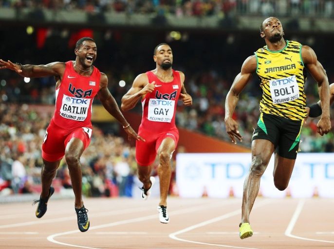 Usain Bolt of Jamaica wins the men's 100m final during the Beijing 2015 IAAF World Championships at the National Stadium, also known as Bird's Nest, in Beijing, China, 23 August 2015. Justin Gatlin (L) of the US placed second.