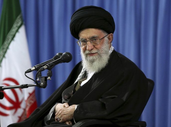 FILE - In this file photo released by an official website of the office of the Iranian supreme leader April 9, 2015, Supreme Leader Ayatollah Ali Khamenei attends a meeting with a group of religious performers in Tehran, Iran. Iran's top leader has rejected a long-term freeze on nuclear research and supports banning international inspectors from accessing military sites as a deadline in negotiations with world powers approaches. Khamenei's comments, made Tuesday night, June 23, 2015, and broadcast on Iranian state television, suggests the Islamic Republic may be toughening its stance ahead of a June 30 deadline for a final deal. (AP Photo/Office of the Iranian Supreme Leader, File)