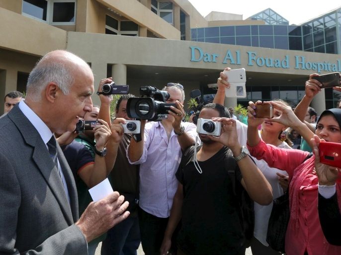 Egyptian Tourism Minister Khaled Rami speaks to the media following a visit to injured tourists, who were mistakenly targeted in a military operation "chasing terrorist elements", in front of the Dar Al Fouad Hospital in Cairo, Egypt, September 14, 2015. Mexican tourists who survived a mistaken attack by Egyptian security forces say they were bombed by military helicopters and an aircraft while they stopped for a break in the western desert, Mexico's foreign minister said on Monday. REUTERS/Mohamed Abd El Ghany