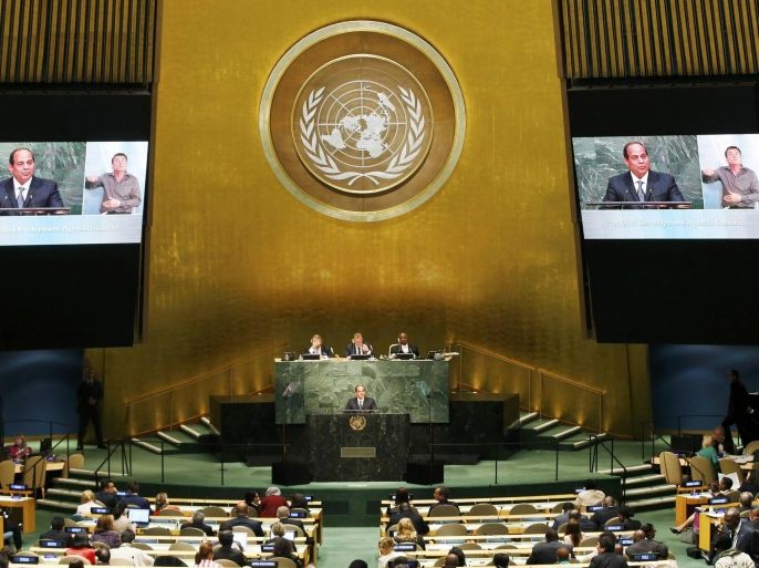 Abdel Fattah Al Sisi, president of Egypt, addresses a plenary meeting of the United Nations Sustainable Development Summit 2015 at United Nations headquarters in Manhattan, New York, September 25, 2015. More than 150 world leaders are expected to attend the U.N. Sustainable Development Summit from September 25-27 at the United Nations in New York to formally adopt an ambitious new sustainable development agenda a press statement by the U.N. stated REUTERS/Mike Segar (UNITED STATES - Tags: POLITICS)