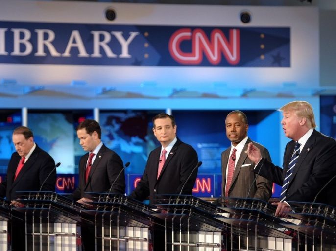 A handout picture provided by CNN on 17 September 2015 shows Republican candidate Donald Trump (R) talking during the CNN Republican presidential debate at the Ronald Reagan Presidential Library in Simi Valley, California, USA, 16 September 2015. In picture (L-R) presidential candidates Mike Huckabee, Marco Rubio, Ted Cruz and Ben Carson.