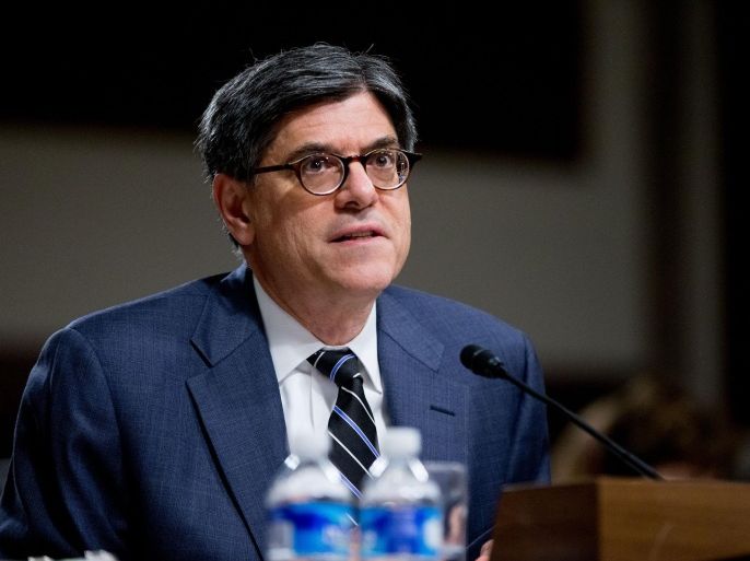 FILE - In this July 23, 2015, file photo, Secretary of Treasury Jacob Lew testifies at a Senate Foreign Relations Committee hearing on Capitol Hill, in Washington. The Treasury Department releases federal budget data for August on Friday, Sept. 11, 2015. (AP Photo/Andrew Harnik, File)