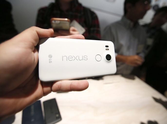 The new Google Nexus 5X models is on display during a Google event on Tuesday, Sept. 29, 2015, in San Francisco. Google is countering the release of Apple’s latest iPhones with two devices running on "Marshmallow," a new version of Android software designed to steer and document even more of its users’ lives. (AP Photo/Tony Avelar)