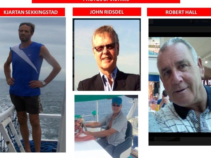 A combo picture released on 22 September 2015 by Philippine Army-Eastern Mindanao Command Public Information Office shows file photos of abducted Norwegian national Kjartan Sekkingstad (L), Canadians John Ridsdel (C), and his friend Robert Hall (R). Two Canadian citizens and a Norwegian resort manager were abducted by unidentified gunmen on an island in the southern Philippines, police and military said. Filipino girlfriend of one of the foreigners were also taken from the resort on Samal Island, 980 kilometres south of Manila, regional military spokesman Captain Alberto Caber said. Caber identified the foreign hostages as John Ridsdel, 68, a consultant with Canadian mining company TVI Pacific Inc, Canadian Robert Hall, 60, and Norwegian Kjartan Sekkingstad, 56. Samal Island, known for its powdery sand beaches and pristine diving spots, is one of the tourism destinations in the province of Davao Del Norte. In 2001, al-Qaeda-linked Abu Sayyaf extremists tried but failed to abduct tourists from Samal Islands's Pearl Farm Resort. EPA/Eastern Mindanao Command Public Information Office / HANDOUT