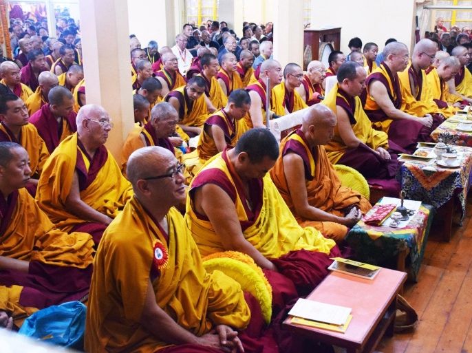 DHARAMSALA, INDIA - JULY 20: Exile Tibetan Buddhist monks pray at the Tsuglagkhang temple on July 20, 2015 in Dharamsala, India. Eleven Tibetan NGOs based in India and Nepal organized a special long-life prayer for their spiritual leader, the Dalai Lama.