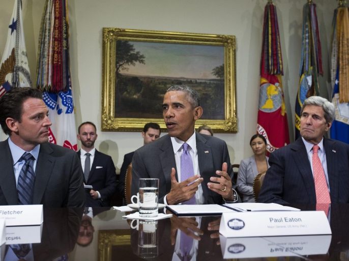 US President Barack Obama (C), along with US Secretary of State John Kerry (R) and Staff Sergeant Nathan Fletcher of the US Marines (L) speaks to the media before meeting with veterans and 'Golden Star Mothers,' mothers who have lost children in combat, to discuss the Iran nuclear deal in the Roosevelt Room of the White House in Washington, DC, USA, 10 September 2015. President Obama has already secured commitments from enough Senators to sustain a veto should Congress vote to kill the bill. Obama maintains the deal is the best way to prevent Iran from obtaining a nuclear weapon. Critics, including some in his own Democratic Party, say the controls do not go far enough and would allow Tehran to acquire a weapon once key provisions expire.