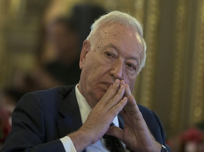 Spain's Foreign Minister Jose Manuel Garcia-Margallo pauses after speaking about three missing Spanish journalists in Syria during a conference in Madrid, Spain, Wednesday, July 22, 2015. Spain says it is trying to establish what happened to three Spanish freelance journalists reported to have gone missing around the embattled northern Syrian city of Aleppo and that it will contact the government in Damascus over the case. (AP Photo/Paul White)