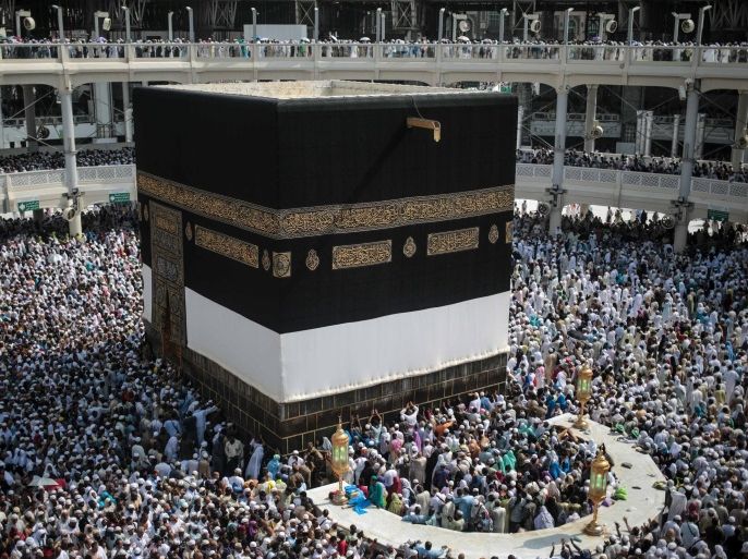 Muslim pilgrims circle the Kaaba, the cubic building at the Grand Mosque in the Muslim holy city of Mecca, Saudi Arabia, Tuesday, Sept. 15, 2015. Despite the crane accident on Friday, almost one million pilgrims have arrived as of Tuesday ahead of the hajj. (AP Photo/Mosa'ab Elshamy)