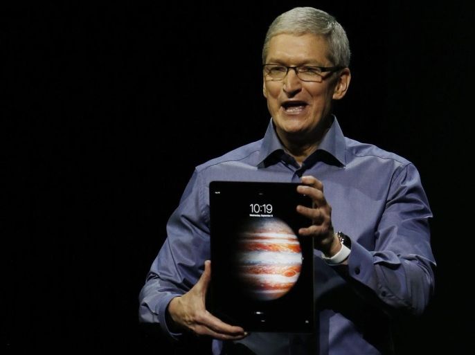 Apple CEO Tim Cook introduces the new iPad Pro during an Apple launch event at the Bill Graham Civic Auditorium in San Francisco, California, USA, 09 September 2015. Media reports indicate a launch of updated iPhone models, updated iPads and a new Apple TV are expected at the event titled in an invitation from Apple as 'Hey Siri, give us a hint.'