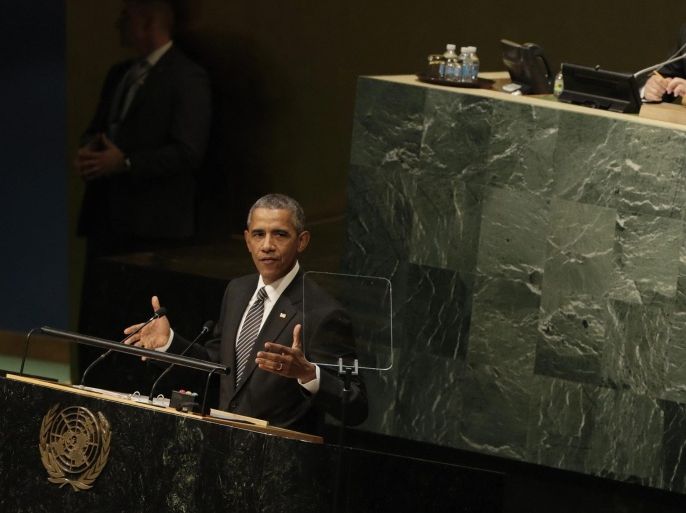 US President Barack Obama delivers his address during the United Nations Sustainable Development Summit which is taking place for three days before the start of the 70th session General Debate of the United Nations General Assembly at United Nations headquarters in New York, New York, USA, 27 September 2015.