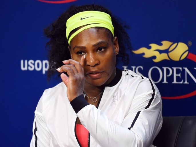 Sep 11, 2015; New York, NY, USA; Serena Williams of the United States reacts at a press conference after her match against Roberta Vinci of Italy on day twelve of the 2015 U.S. Open tennis tournament at USTA Billie Jean King National Tennis Center. Mandatory Credit: Robert Deutsch-USA TODAY Sports