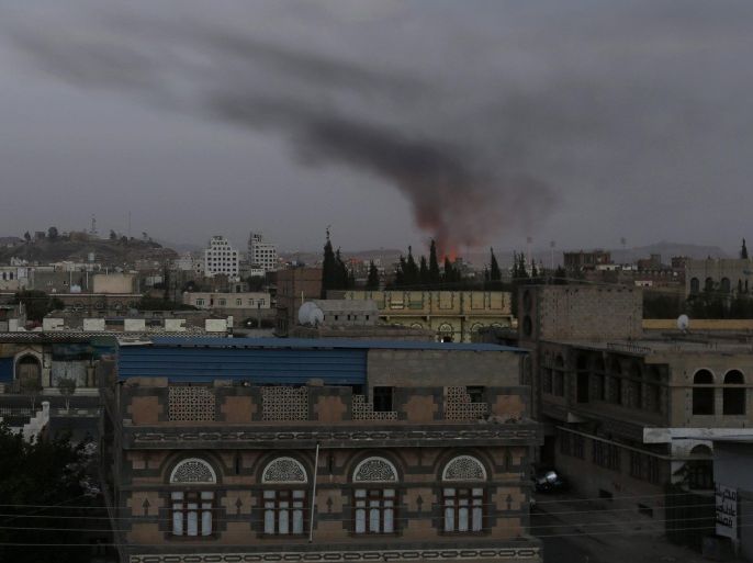 Smoke drifts through the air following airstrikes carried out by the Saudi-led coalition on a Houthi position in Sana'a, Yemen, early 21 September 2015. The Saudi-led coalition intensified airstrikes on Houthi positions in the Houthi-held capital Sana'a as fighting continued between the coalition-backed fighters and the Houthis and allied military units in Yemen's province of Marib, in an attempt to take back control of Sana'a from the Houthis.