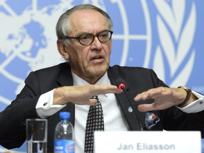 Jan Eliasson, Deputy Secretary-General of the United Nations, speaks during a press conference about the World Humanitarian Summit, Global Consultation in Geneva, at the European headquarters of the United Nations, in Geneva, Switzerland, 15 October 2015.