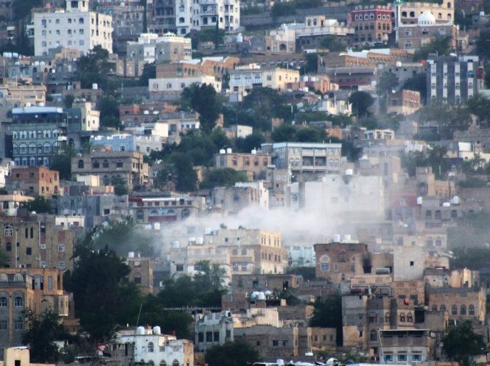 Smoke leaps the air from mortars and rockets fired by Shiite rebels known as Houthis during clashes with tribal fighters, in Taiz, Yemen, Wednesday, Oct. 21, 2015. Shiite Houthi rebels fired mortars and rockets into the central city of Taiz on Wednesday, killing at least 17 civilians and wounding over 70, including women, children, and the elderly, officials said. (AP Photo/Abdulnasser Alseddik)