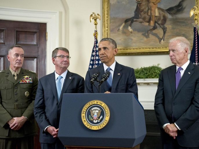 US President Barack Obama (2-R), alongside US Marine Corps General Joseph F. Dunford, Chairman, Joint Chiefs of Staff (L), US Secretary of Defense Ashton Carter (2-L), and US Vice President Joe Biden, announces the US will extend its military presence in Afghanistan beyond 2016, in the Roosevelt Room of the White House in Washington, DC, USA, 15 October 2015. Obama's announcement is a major policy shift from the planned withdrawal of most troops. Obama said the slower drawdown will provide the best chance to achieve lasting progress amid a security situation that is 'still very fragile and in some places there's risk of deterioration.' The US will maintain 9,800 troops in the country through most of next year, and beginning in 2017 will maintain 5,500 forces at several bases in the war-torn country, including Bagram, Jalalabad in the east and Kandahar in the south.