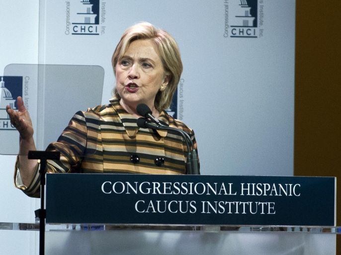 Democratic presidential candidate Hillary Rodham Clinton speaks at the Congressional Hispanic Caucus Institute’s 38th Annual Awards Gala at the Washington Convention Center, on Thursday, Oct. 8, 2015, in Washington. ( AP Photo/Jose Luis Magana)