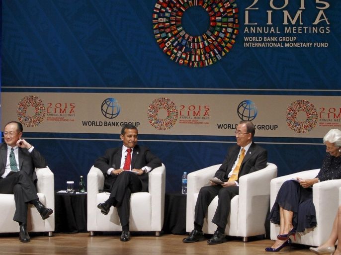 (L-R) World Bank President Jim Yong Kim, Peru's President Ollanta Humala, U.N. Secretary-General Ban Ki-moon and International Monetary Fund (IMF) Managing Director Christine Lagarde attend a session at the 2015 IMF/World Bank Annual Meetings in Lima, Peru, October 9, 2015. REUTERS/Paco Chuquiure