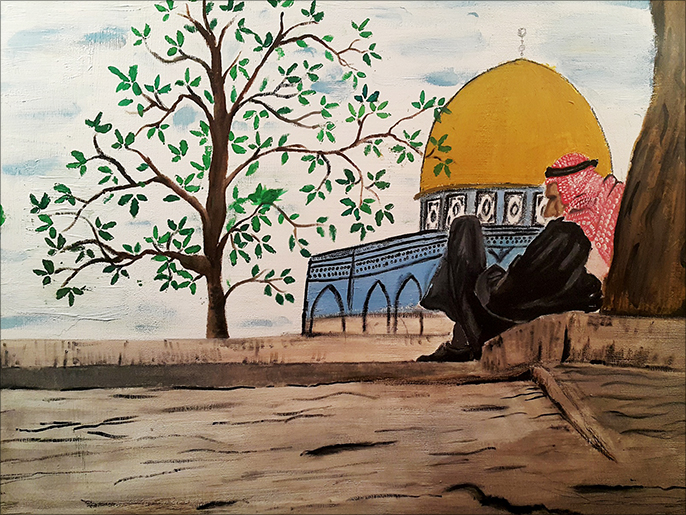 ‪لوحة للفنانة شيماء المهتدي بمعرض الفن التشكيلي في مدينة غزة‬ (الجزيرة نت)