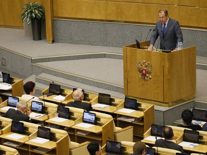 Russian Foreign Minister Sergei Lavrov delivers a speech during a session of the State Duma, the lower house of parliament, in Moscow, Russia, 14 October 2015.