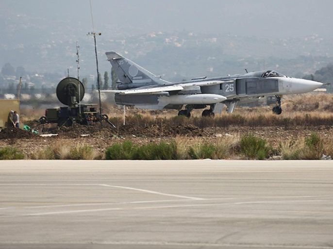 A handout picture dated 03 October 2015 made available on the official website of the Russian Defence Ministry on 06 October 2015 shows Russian SU-24 M bomber taking off from the Syrian Hmeymim airbase, outside Latakia, Syria. Russian warplanes involved in carrying out airstrikes against what Russia says terrorist Islamic State (ISIS or IS) facilities is deployed at the Hmeymim airbase. EPA/RUSSIAN DEFENCE MINISTRY PRESS SERVICE/HANDOUT