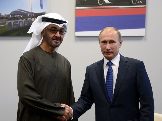 Russian President Vladimir Putin (R) shakes hands with Crown Prince of Abu Dhabi and deputy supreme commander of the UAE Armed Forces Mohammed bin Zayed Al Nahyan during their meeting in Sochi, on October 11, 2015. AFP PHOTO / RIA NOVOSTI / KREMLIN POOL