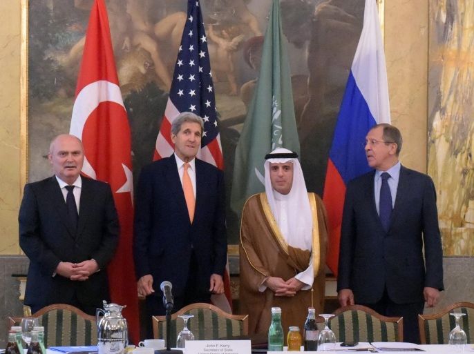 A handout picture released by the Russian Foreign Ministry Press Service shows Turkish Foreign Minister Feridun Sinirloglu (L-R), US Secretary of State John Kerry, Saudi Foreign Minister Adel al-Jubeir, and Russian Foreign Minister Sergei Lavrov during their meeting focused on Syria at the Imperial Hotel in Vienna, Austria, 23 October 2015. Kerry and Lavrov, have begun talks in Vienna expected to focus on the Syria conflict. Russia and the United States have been conducting opposing bombing campaigns in war-torn Syria - Russia in support of the Syrian government and the US in support of rebels trying to overthrow that government.