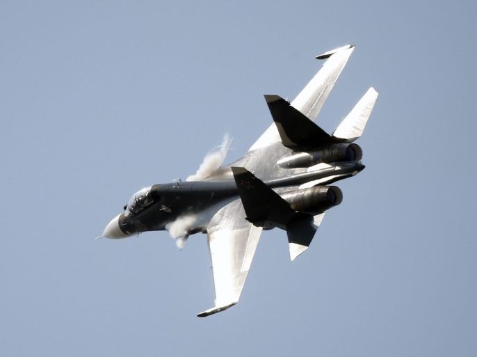 A Sukhoi Su-30 SM performs at the Moscow International Aviation and Space Salon MAKS-2015 in the city of Zhukovsky, outside Moscow, 25 August 2015. The International Aviation and Space Salon MAKS 2015 take place from 25 to 30 August.