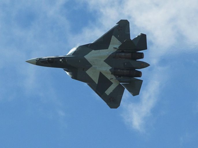 Russian Sukhoi T-50 fighter jet performs during the MAKS-2015 International Aviation and Space Show in Zhukovsky, outside Moscow, Russia, Sunday, Aug. 30, 2015. (AP Photo/Pavel Golovkin)