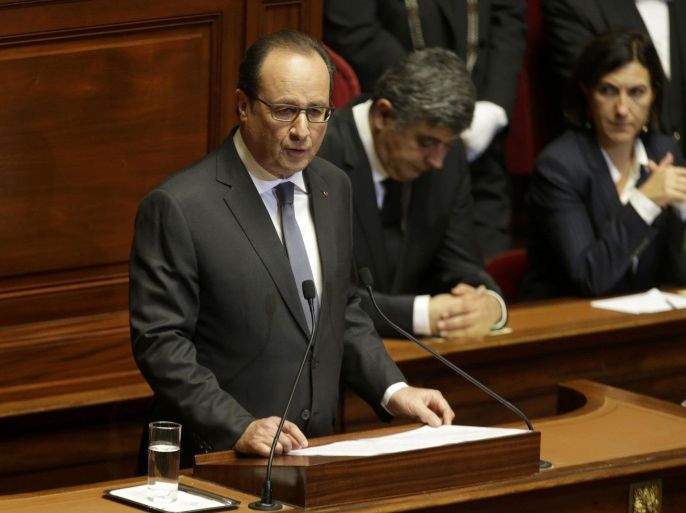 French President Francois Hollande delivers a speech at a special congress of the joint upper and lower houses of parliament (National Assembly and Senate) at the Palace of Versailles, near Paris, France, November 16, 2015, following the series of deadly attacks on Friday in the French capital. French President Francois Hollande said on Monday France was at war against cowards, and not in a clash of civilisations, after militant attacks killed at least 129 people in and around Paris last week. REUTERS/Philippe Wojazer