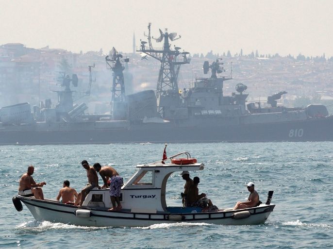 Russian Navy destroyer Smetlivy sets sail in the Bosphorus in Istanbul July 11, 2012. Russia dispatched a destroyer-class warship to Syria on Tuesday, a source in the Russian Navy told Reuters, and another military source was quoted as saying four more Russian ships were en route to the violence-torn country. Moscow has been the major ally of Syrian President Bashar al-Assad as he battles an armed uprising, but the source quoted by Interfax news agency said the ships' mission had nothing to do with the conflict. REUTERS