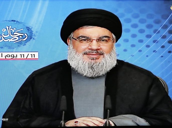 A picture grab from Hezbollah's al-Manar TV station shows Hezbollah leader, Sayyed Hassan Nasrallah, giving a televised speech during a rally to mark Hezbollah's martyrs day, in the southern suburb of Beirut, Lebanon, 11 November 2015. During his speech Nasrallah referred to the ongoing unrest in Israel and the West Bank, and reitereated his organisations ongoing support for the fight against the group calling itself the Islamic State (IS). EPA/AL-MANAR TV / HANDOUT