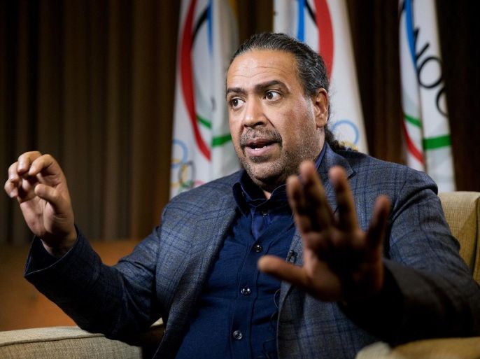 Sheikh Ahmad Al-Fahad Al-Sabah, of Kuwait, speaks during an interview with the Associated Press at the Washington Hilton, Monday, Oct. 26, 2015, in Washington. Sheikh Ahmad heads the Association of National Olympic Committees and is a senior member of the IOC. (AP Photo/Andrew Harnik)