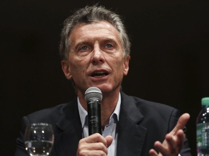 Argentininan President-elect Mauricio Macri speaks during a press conference in Buenos Aires, Argentina, 23 November 2015. Centre-right opposition candidate Mauricio Macri won the presidential runoff Sunday in Argentina and hailed a new era after 12 years of government by the left-leaning Kirchner couple. With 97 per cent of ballots counted, Buenos Aires Mayor Macri, 56, of the opposition coalition Cambiemos (Let's Change) had nearly 52 per cent of the vote. His opponent, ruling-party candidate Daniel Scioli, 58, had 48 per cent and conceded defeat.